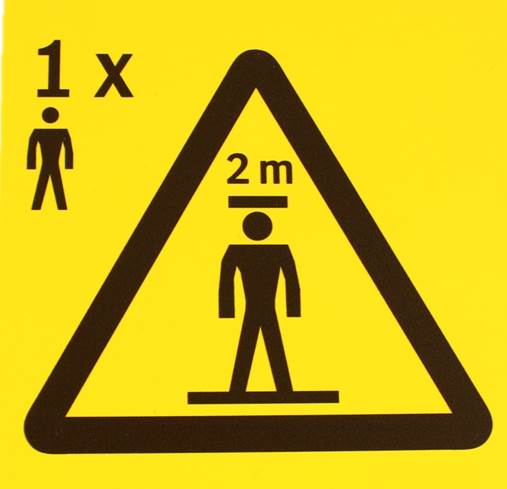 Skylt, räddningsutrymme 2m, 1 person stående