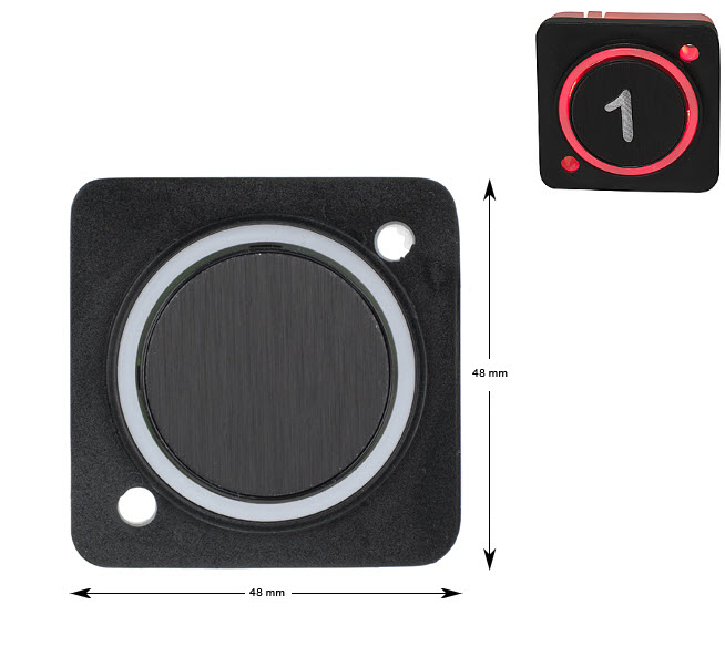 Knapp rund, HMG4, röd LED, svart, blank, ø40mm, plus styrd