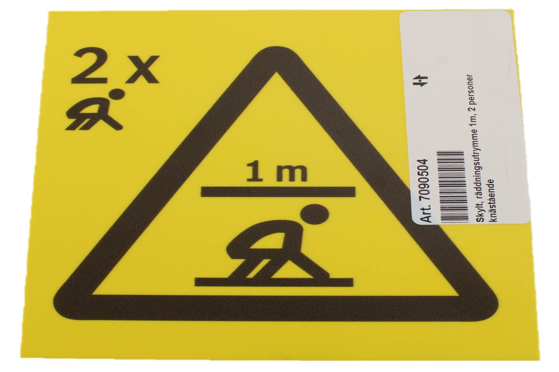 Skylt, räddningsutrymme 1m, 2 personer knästående