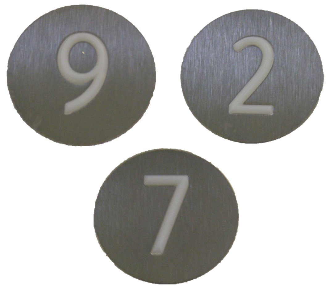 Trycke, KONE KSS, hög, relief, rund, rf, vit, symbol ''4''