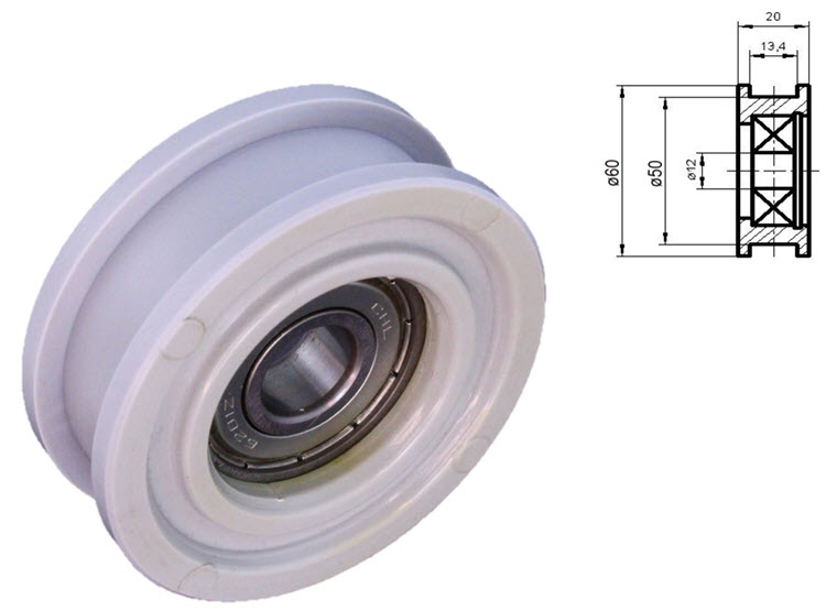 Bärrulle, Forsid ø57/50/12x20,4mm, Flatspår 13mm