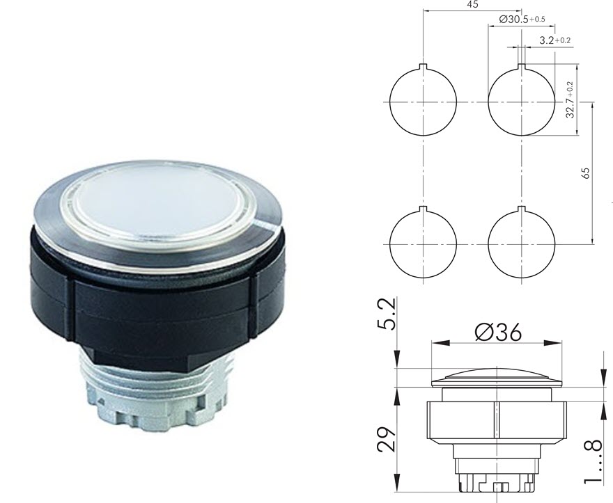 Indikeringslampa, Schlegel, Ø=36, för hål  Ø=30.5, passar DEVE