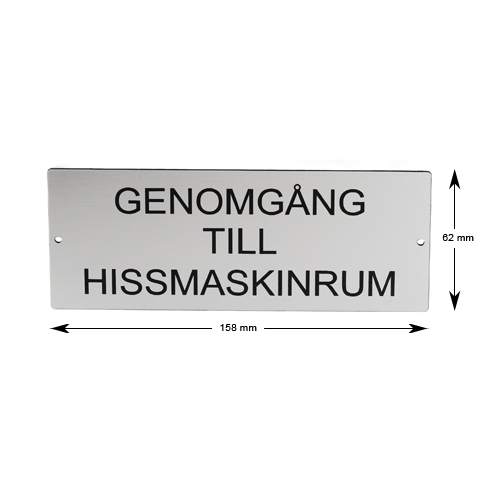 Skylt, ''Genomgång till hissmaskinrum'', 62x158mm, plast, silver/svart