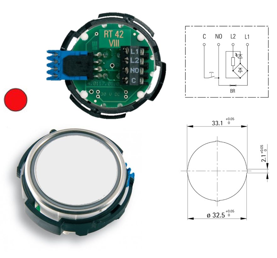 Knapp, Schaefer RT42 VIII, röd LED, rf. ring, utan tryckbricka