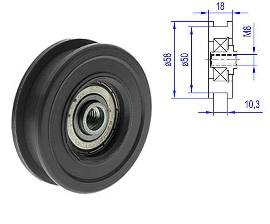 Bärrulle, Monitor 085N, ø58/50/M8x18mm