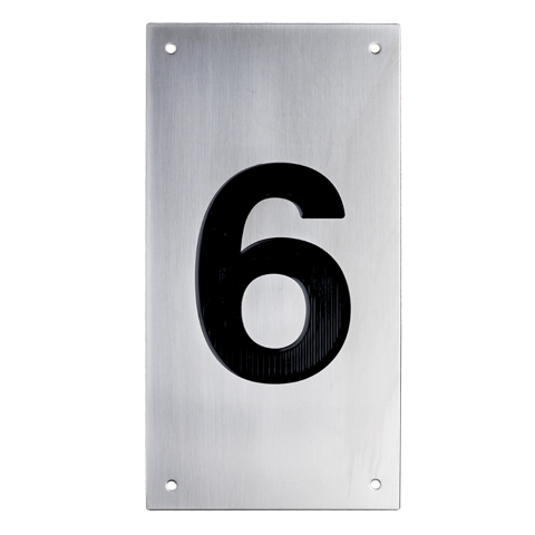 Tryckplåt, rostfri, med svart symbol ''6''