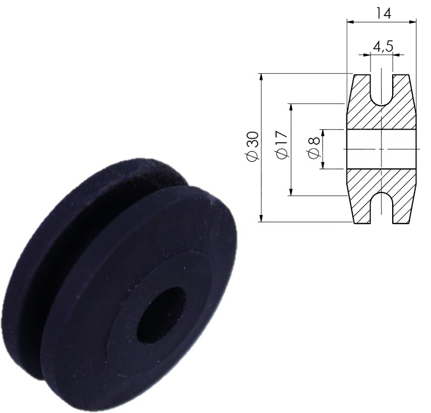 Brythjul för lina, Schindler QKS, ø30/17/8x14mm, Stängningsvikt