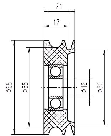 Bärrulle, Meiller, ø65/52/12x21mm, med vajerspår