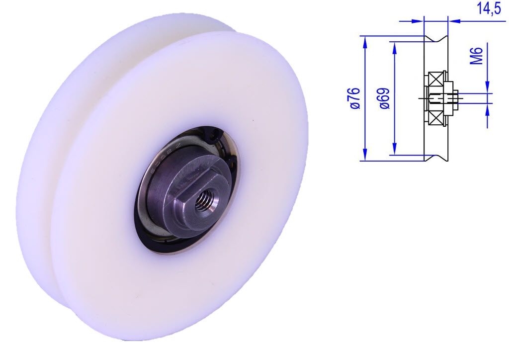 Bärrulle, Sematic/Liftcomp, ø76/69/M6x14,5mm, U-spår