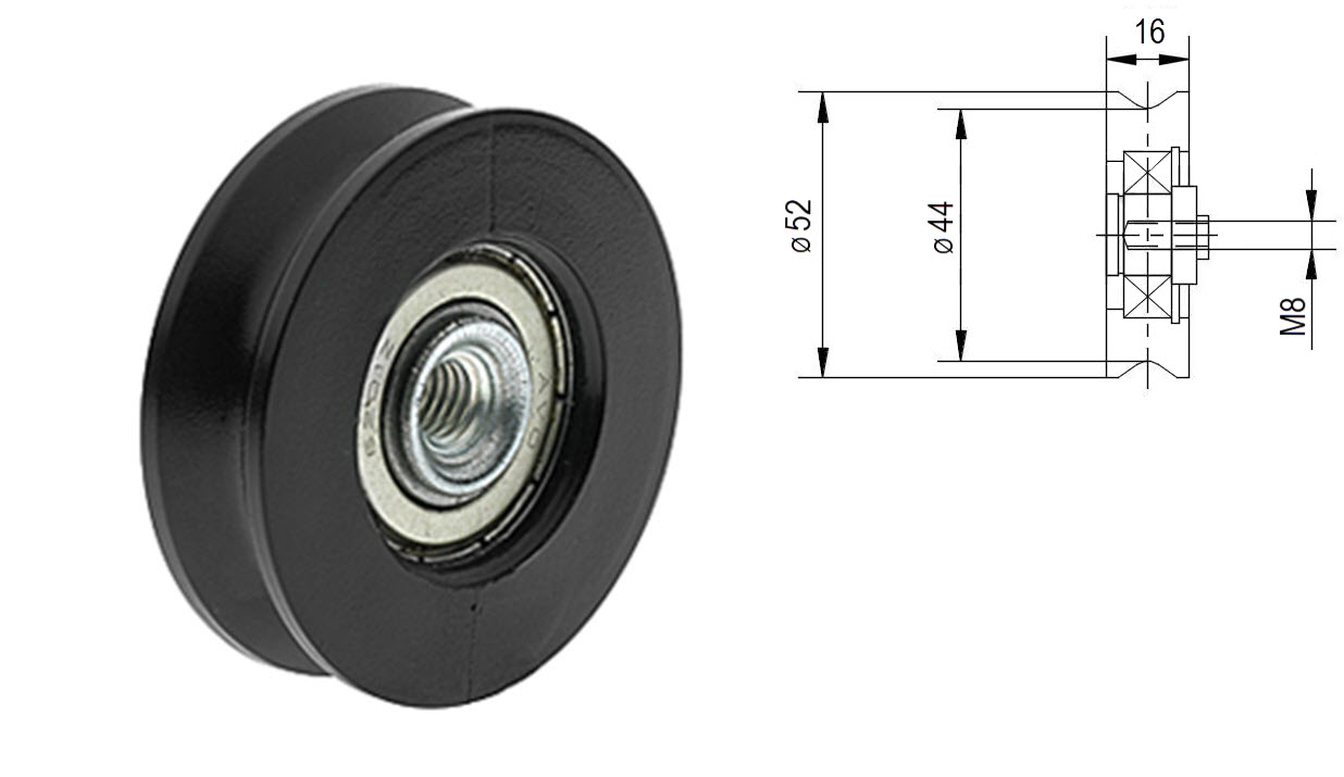 Bärrulle, Monitor 92VF, 52/44x16mm, Hål M8